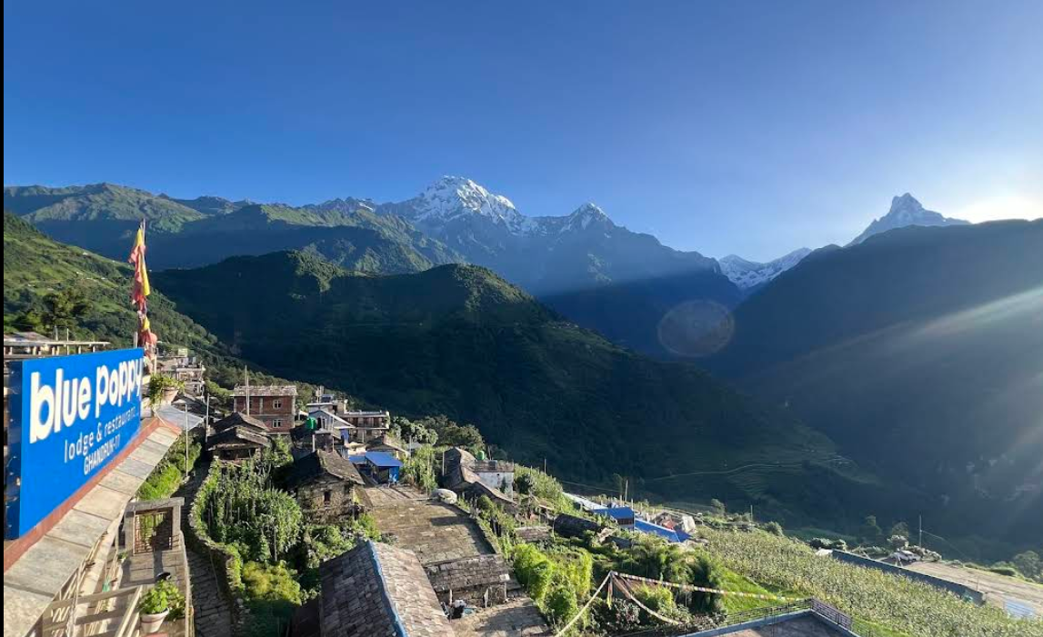 The Blue Poppy Lodge sign above Ghandruk with the Annapurna range at sunrise