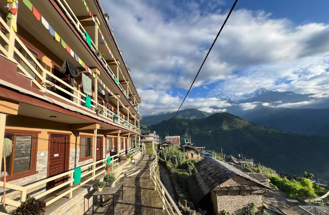 The lodge balconies hung with prayer flags, mountains behind